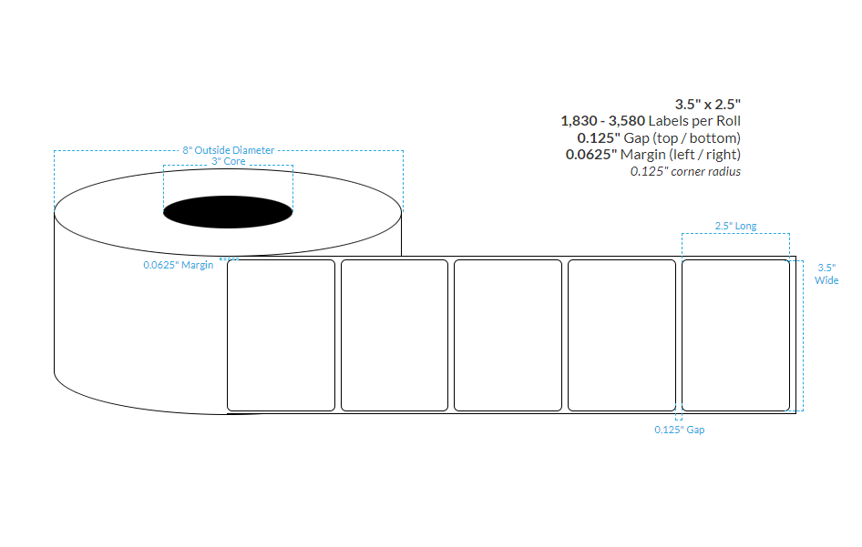 3.5" X 2.5" SILVER Polypropylene (BOPP) {ROUNDED CORNER} (3"CORE/8"OD)