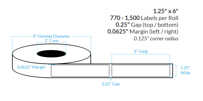 1.25" x 6" SATIN Polypropylene BOPP {ROUNDED CORNERS} Roll Labels  (3"CORE/8"OD)