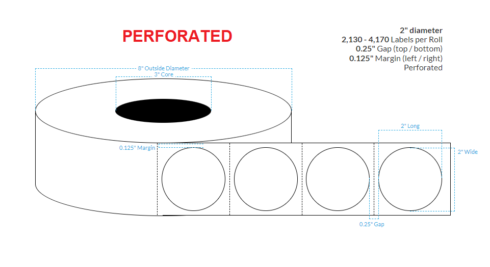 2" HIGH GLOSS PAPER {PERFORATED CIRCLE} Roll Labels (3"CORE/8"OD)