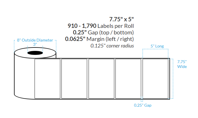 7.75" x 5" MATTE WHITE Polypropylene BOPP {ROUNDED CORNERS} Roll Labels  (3"CORE/8"OD)