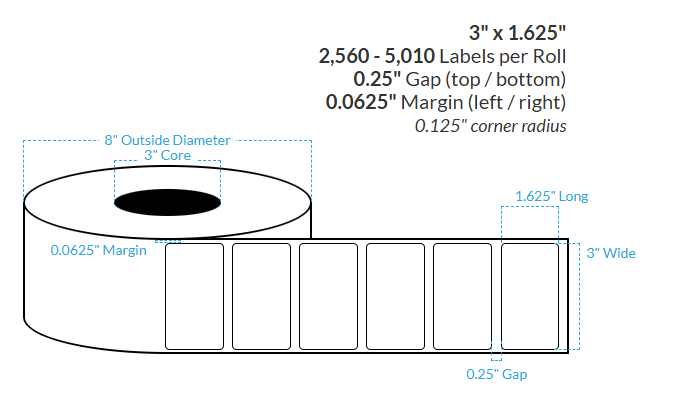 3" x 1.625" LASER CLEAR PET {ROUNDED CORNERS} Roll Labels  (3"CORE/8"OD)