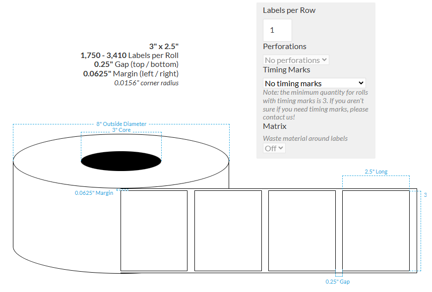 3" x 2.5" HIGH GLOSS WHITE Polypropylene BOPP {SQUARE CORNERS} Roll Labels  (3"CORE/8"OD)