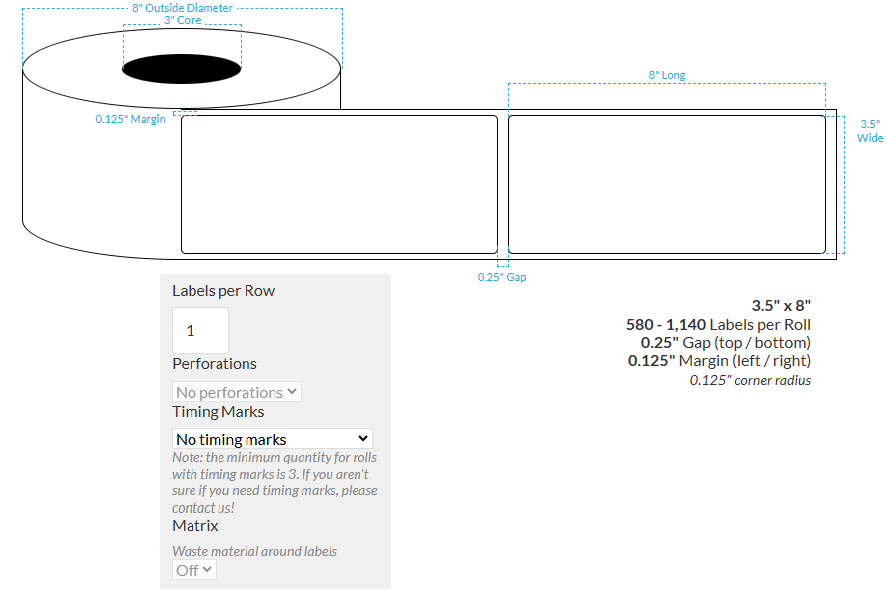 3.5" x 8" HIGH GLOSS WHITE Polypropylene BOPP {SQUARE} Roll Labels  (3"CORE/8"OD)