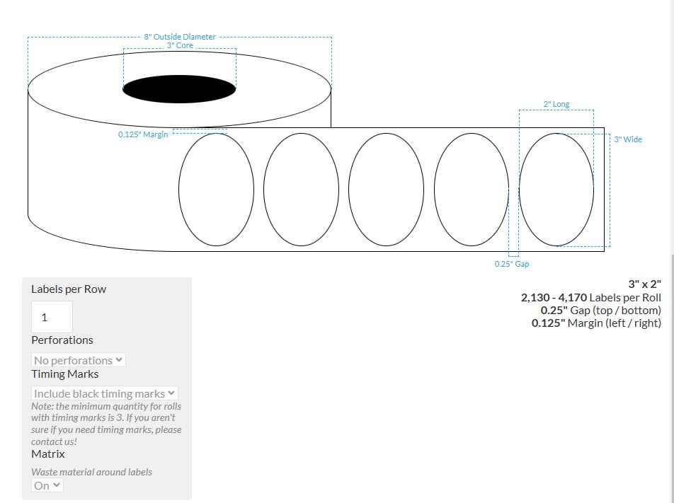 3" X 2" HIGH GLOSS WHITE Polypropylene BOPP {OVAL} Roll Labels  (3"CORE/8"OD)