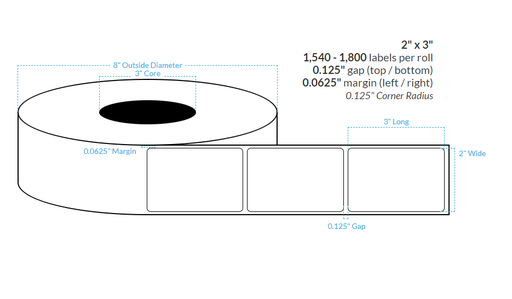 [100645-3X8-R31-161-1000000] 2" x 3"  HIGH GLOSS WHITE Polypropylene BOPP {ROUNDED CORNERS} Roll Labels  (3"CORE/8"OD)