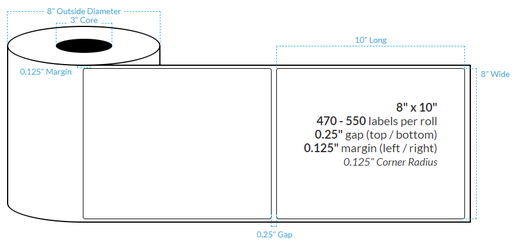 [100392-3X8-R413-138-1000000] 8" X 10" MATTE WHITE Polypropylene BOPP {ROUNDED CORNERS} Roll Labels  (3"CORE/8"OD)