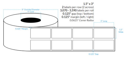 [100715-3X8-W31-129-2000000] 1.5" x 3"  PREMIUM HIGH GLOSS WHITE Polypropylene BOPP {ROUNDED CORNERS} Roll Labels (3"CORE/8"OD)