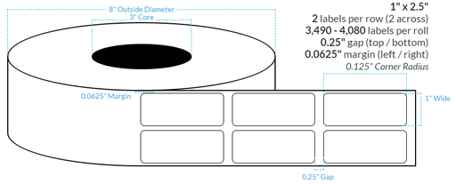 [100582-3X8-W31-129-2000000] 1" X 2.5" PREMIUM HIGH GLOSS WHITE Polypropylene BOPP {ROUNDED CORNERS} Roll Labels  (3"CORE/8"OD)