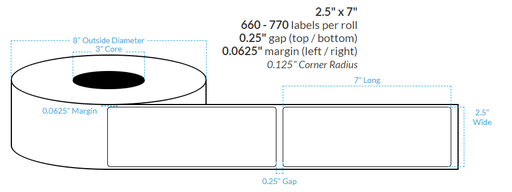 [100064-3X8-G11-129-1000000] 2.5" x 7"  MATTE WHITE PAPER {ROUNDED CORNERS} Roll Labels (3"CORE/8"OD)