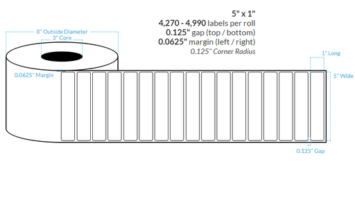 [100911-3X8-R31-138-1000000] 5" x 1" HIGH GLOSS WHITE Polypropylene BOPP {ROUNDED CORNERS} Roll Labels  (3"CORE/8"OD)