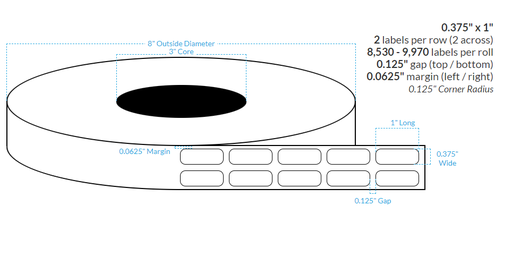 [100231-3X8-R31-161-2000000] .375" x 1" HIGH GLOSS WHITE Polypropylene BOPP {ROUNDED CORNERS} Roll Labels  (3"CORE/8"OD)