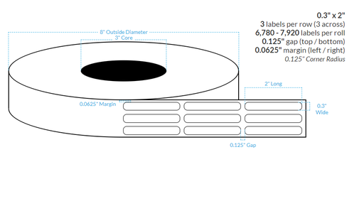 [101258-3X8-R31-161-3000000] .3" X 2" HIGH GLOSS WHITE Polypropylene BOPP {ROUNDED CORNERS} Roll Labels  (3"CORE/8"OD)