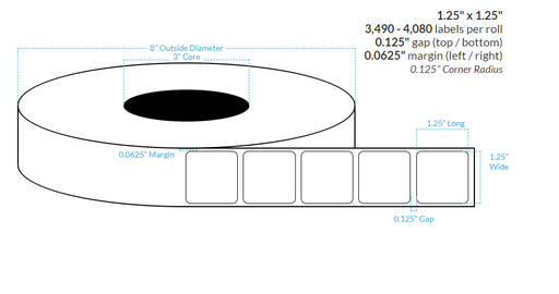 [100248-3X8-R31-161-1000000] 1.25" x 1.25" HIGH GLOSS WHITE Polypropylene BOPP {ROUNDED CORNERS} Roll Labels  (3"CORE/8"OD)