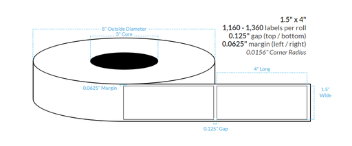 [100288-3X8-R31-161-1000000] 1.5" x 4"  HIGH GLOSS WHITE Polypropylene BOPP {SQUARE CORNERS} Roll Labels (3"CORE/8"OD)