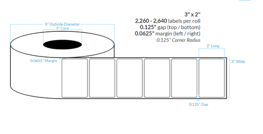 [100907-3X8-R413-182-1000000] 3" x 2" MATTE WHITE Polypropylene BOPP {ROUNDED CORNERS} Roll Labels  (3"CORE/8"OD)