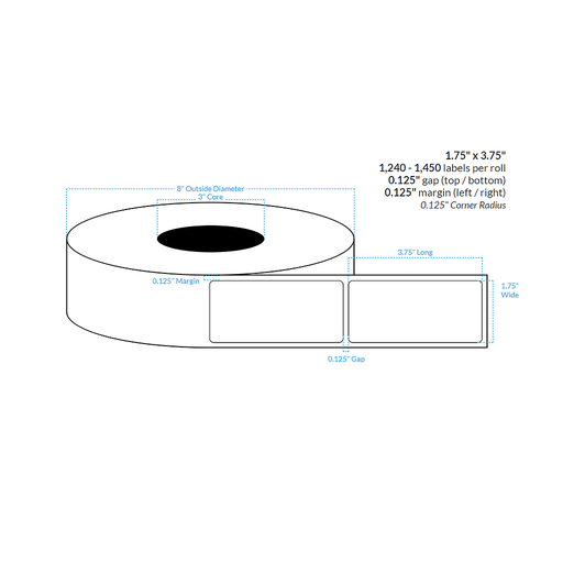 [100846-3X8-R413-161-1000000] 1.75" x 3.75" MATTE WHITE Polypropylene BOPP {ROUNDED CORNERS} Roll Labels  (3"CORE/8"OD)