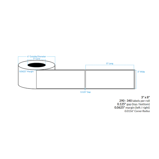 [102441-3X6-R31-151-1000000] 3" x 8" HIGH GLOSS WHITE Polypropylene BOPP {SQUARE CORNERS} Roll Labels (3"CORE/6"OD)