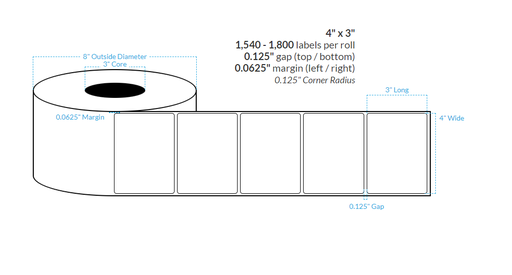 [100859-3X8-R31-129-1000000] 4" X 3" HIGH GLOSS WHITE Polypropylene BOPP {ROUNDED CORNERS} Roll Labels  (3"CORE/8"OD)