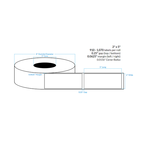 [102327-3X8-W31-161-1000000] 2" x 5"  PREMIUM HIGH GLOSS WHITE Polypropylene BOPP {SQUARE CORNERS} Roll Labels  (3"CORE/8"OD)