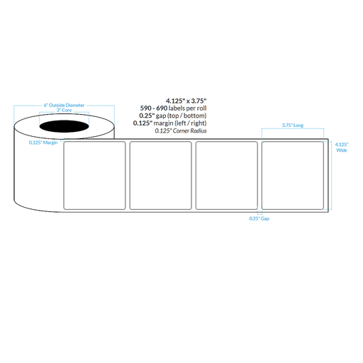 [101688-3X6-W31-151-1000000] 4.125" X 3.75" PREMIUM HIGH GLOSS WHITE Polypropylene BOPP {ROUNDED CORNERS} Roll Labels  (3"CORE/6"OD)