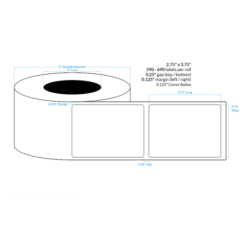 [100575-3X6-W31-151-1000000] 2.75" x 3.75" PREMIUM HIGH GLOSS WHITE Polypropylene BOPP {ROUNDED CORNERS} Roll Labels (3"CORE/6"OD)