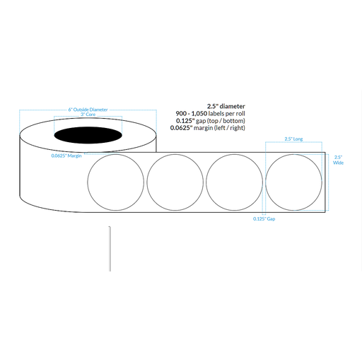 [100638-3X6-W31-151-1000000] 2.5" PREMIUM HIGH GLOSS WHITE Polypropylene BOPP {CIRCLE} Roll Labels (3"CORE/6"OD)