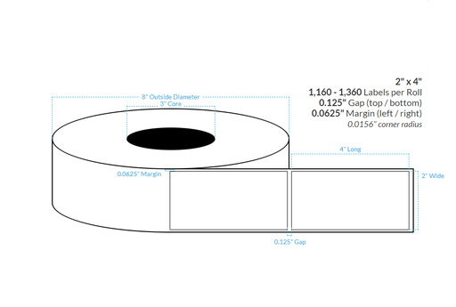 [102392-3X8-R413-161-1000000] 2" x 4"  MATTE WHITE Polypropylene BOPP {SQUARE} Roll Labels  (3"CORE/8"OD)