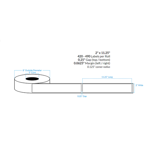 [100596-3X8-R31-110-1000000] 2" x 11.25" HIGH GLOSS WHITE Polypropylene BOPP {ROUNDED CORNERS} Roll Labels (3"CORE/8"OD)