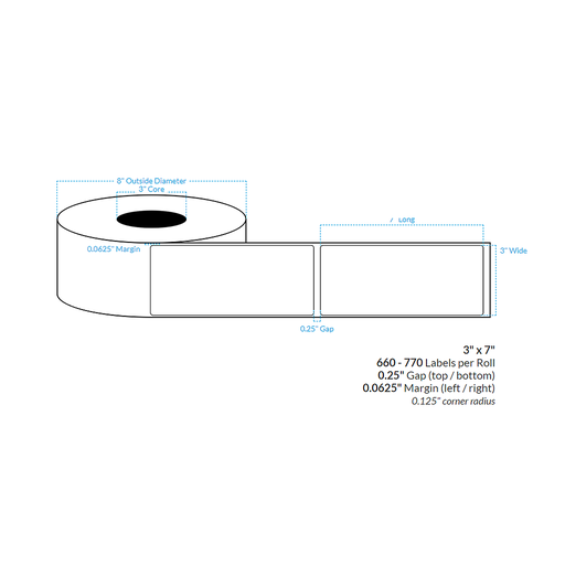 [100540-3X8-R31-110-1000000] 3" x 7"  HIGH GLOSS WHITE Polypropylene BOPP {ROUNDED CORNERS} Roll Labels (3"CORE/8"OD)