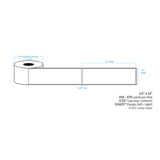 [100422-3X8-R31-110-1000000] 4.5" x 15"  HIGH GLOSS WHITE Polypropylene BOPP {ROUNDED CORNERS} Roll Labels (3"CORE/8"OD)