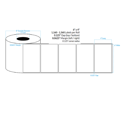 [100685-3X8-R31-181-1000000] 6" X 4" HIGH GLOSS WHITE Polypropylene BOPP {ROUNDED CORNERS} Roll Labels  (3"CORE/8"OD)