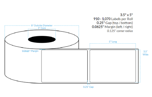 [100370-3X8-R31-182-1000000] 3.5" x 5" HIGH GLOSS WHITE Polypropylene (BOPP) {ROUNDED CORNERS} Roll Labels  (3"CORE/8"OD)