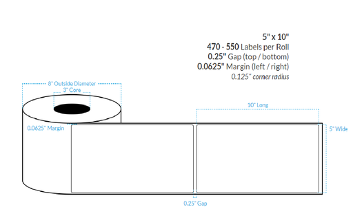 [100105-3X8-R31-182-1000000] 5" x 10" HIGH GLOSS WHITE Polypropylene BOPP {ROUNDED CORNERS} Roll Labels  (3"CORE/8"OD)