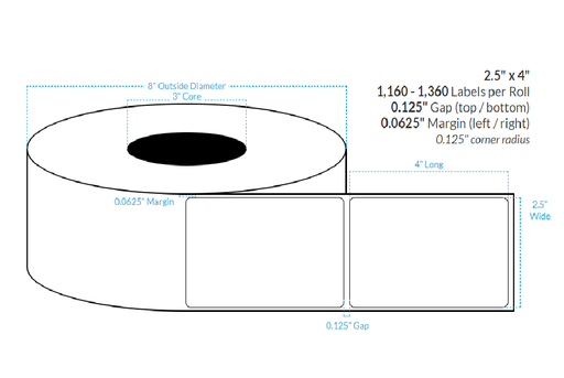 [100659-3X8-R31-182-1000000] 2.5" x 4" HIGH GLOSS WHITE Polypropylene  BOPP {ROUNDED CORNERS} Roll Labels (3"CORE/8"OD)