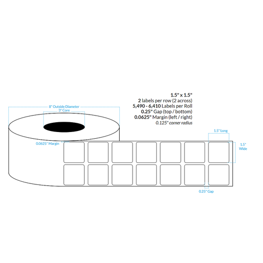 [100714-3X8-CI4-129-2000000] 1.5" x 1.5"  2-ACROSS SMOOTH SILVER HOLOGRAPHIC {ROUNDED CORNERS} Roll Labels (3"CORE/8"OD)