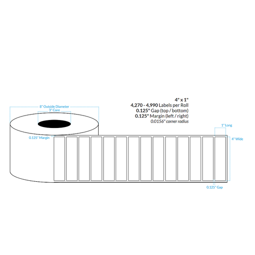 [100668-3X8-R31-129-1000000] 4" x 1" HIGH GLOSS WHITE Polypropylene BOPP {SQUARE CORNERS} Roll Labels (3"CORE/8"OD)