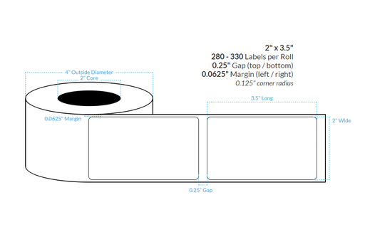 [100848-2X4-C81-195-1000000] 2" x 3.5" SEMI GLOSS WHITE PAPER {ROUNDED CORNERS} Roll Labels (2"CORE/4"OD)