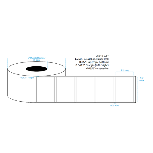 [101076-3X8-R413-161-1000000] 3.5" x 2.5" MATTE WHITE Polypropylene (BOPP) {SQUARE CORNERS} Roll Labels  (3"CORE/8"OD)