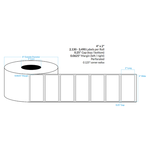 [100481-3X8-R413-129-1000000] 4" x 2" MATTE WHITE Polypropylene BOPP {ROUNDED CORNERS} PERFORATED Roll Labels (3"CORE/8"OD)