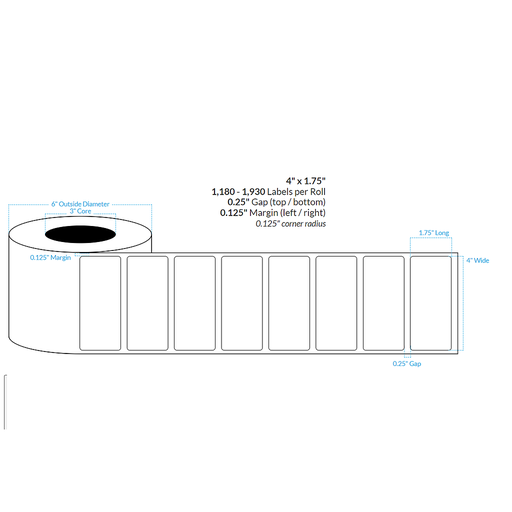 [100155-3X6-R31-113-1000000] 4" X 1.75" HIGH GLOSS WHITE Polypropylene (BOPP) {ROUNDED CORNERS} Roll Labels  (3"CORE/6"OD)