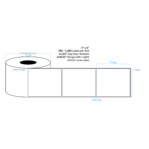 [102751-3X8-R31-182-1000000] 5" x 6" HIGH GLOSS WHITE Polypropylene BOPP {SQUARE CORNERS} Roll Labels  (3"CORE/8"OD)