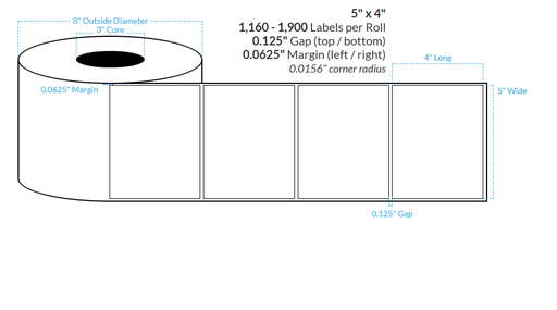 [103931-3X8-R37-110-1000000] 5" x 4" REMOVABLE HIGH GLOSS WHITE Polypropylene  BOPP {SQUARE CORNERS} Roll Labels (3"CORE/8"OD)