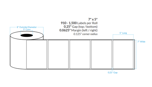 [103164-3X8-R31-184-1000000] 7" x 5" HIGH GLOSS WHITE Polypropylene BOPP {ROUNDED CORNERS} Roll Labels  (3"CORE/8"OD)