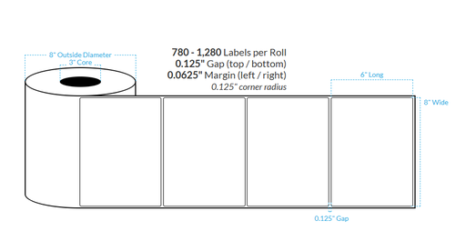 [100755-3X8-R31-184-1000000] 8" x 6" HIGH GLOSS WHITE Polypropylene BOPP {ROUNDED CORNERS} Roll Labels (3"CORE/6"OD)