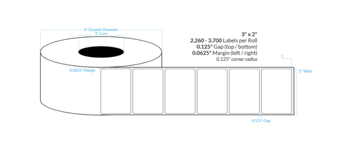 [100907-3X8-R31-161-1000000] 3" x 2" HIGH GLOSS WHITE Polypropylene BOPP {ROUNDED CORNERS}  Roll Labels (3" Core/8" OD)