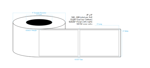 [101335-2X4-R31-195-1000000] 2" x 3" HIGH GLOSS WHITE Polypropylene BOPP {SQAURE COPRNERS} Roll Labels (2"CORE/4"OD)