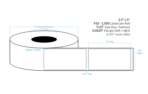 [100338-3X8-R32-184-1000000] 2.5" x 5" HIGH GLOSS WHITE Polypropylene BOPP EXTREME TACK {SQUARE CORNERS} Roll Labels  (3"CORE/8"OD)