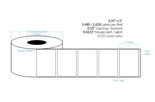 [103955-3X8-R413-138-1000000] 4.25" x 3" MATTE WHITE Polypropylene BOPP {ROUNDED CORNERS} Roll Labels (3"CORE/8"OD)