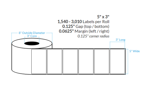 [100810-3X8-R483-182-1000000] 5" x 3" MATTE Polypropylene BOPP {ROUNDED CORNERS} Roll Labels (3"CORE/8"OD) (copy)