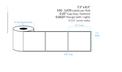 [100560-3X8-R483-182-1000000] 7.5" X 8.5" MATTE WHITE Polypropylene BOPP {ROUNDED CORNERS} Roll Labels  (3"CORE/8"OD)